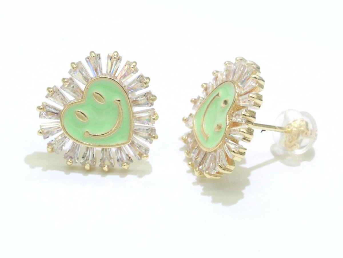 1 pair Cz Gold Happy Face Stud Earrings, Heart Face Enamel Minimalist Jewelry, Simple Everyday Earrings, Best Friend, Birthday Gift
