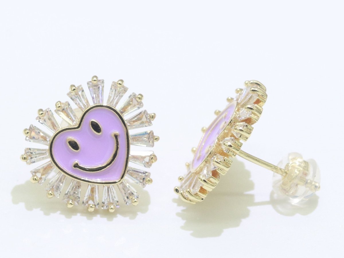 1 pair Cz Gold Happy Face Stud Earrings, Heart Face Enamel Minimalist Jewelry, Simple Everyday Earrings, Best Friend, Birthday Gift