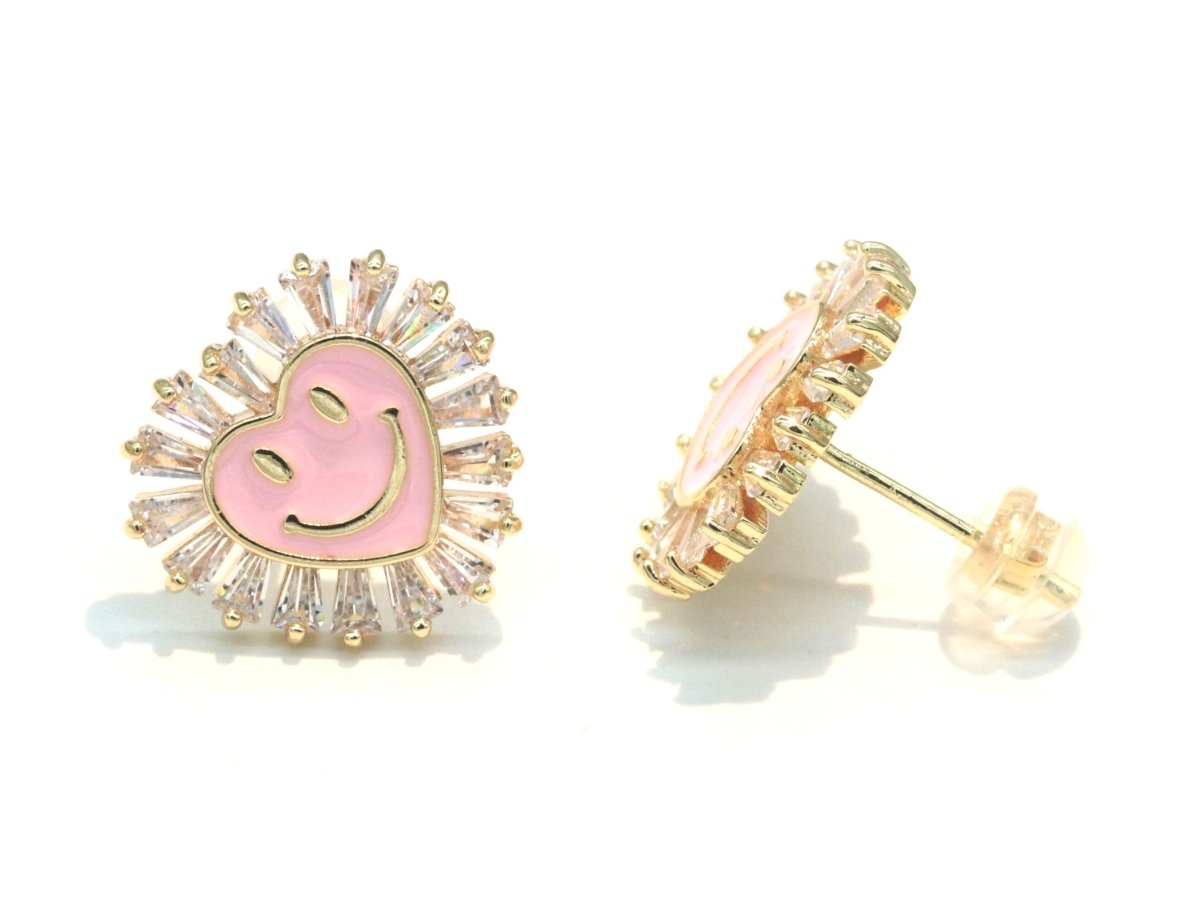 1 pair Cz Gold Happy Face Stud Earrings, Heart Face Enamel Minimalist Jewelry, Simple Everyday Earrings, Best Friend, Birthday Gift
