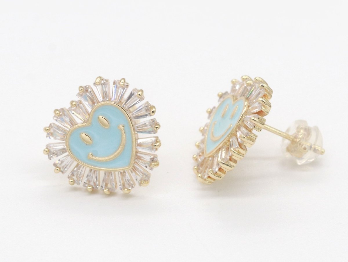 1 pair Cz Gold Happy Face Stud Earrings, Heart Face Enamel Minimalist Jewelry, Simple Everyday Earrings, Best Friend, Birthday Gift