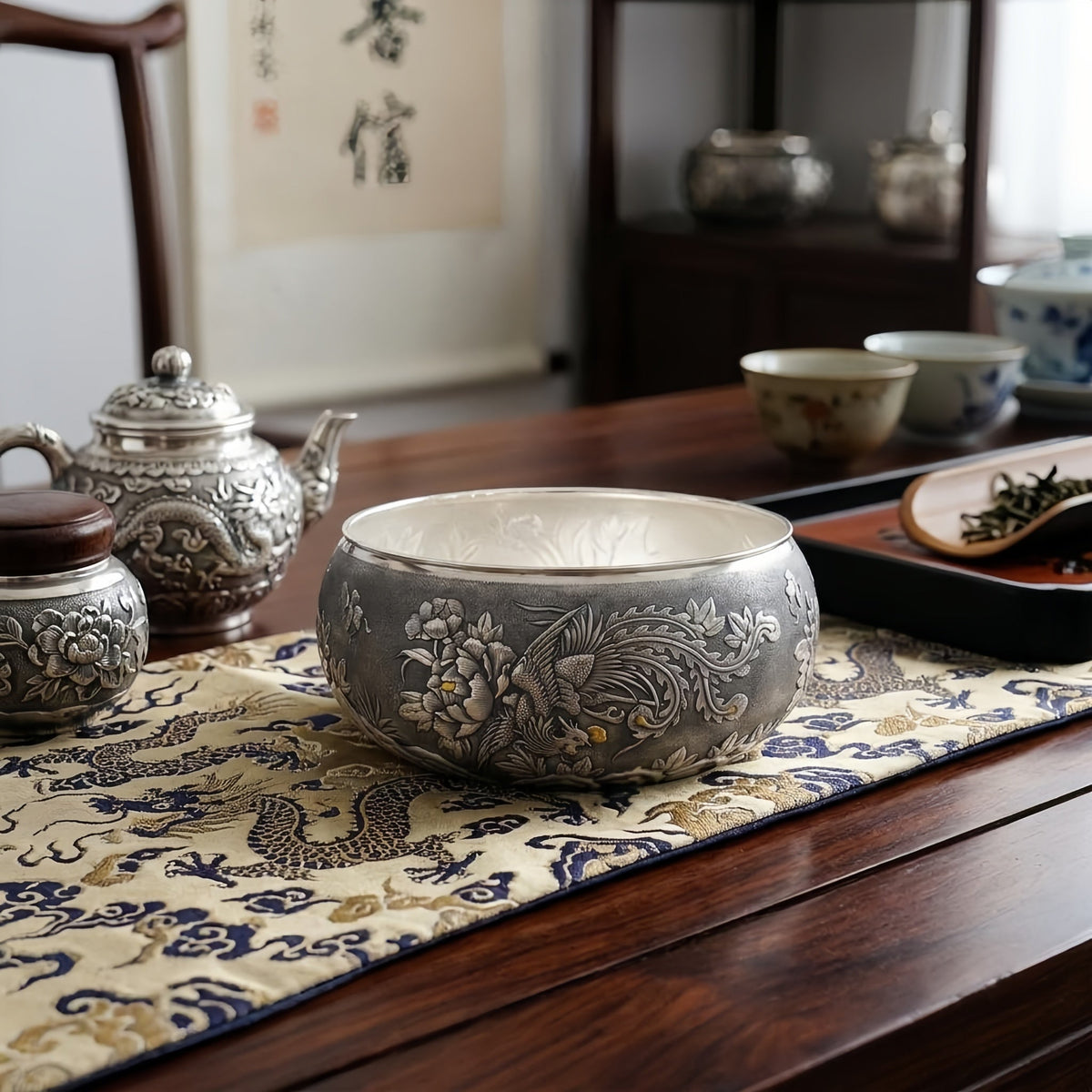 Pure 999 Fine Silver Hand-Engraved Sterling Silver Bowl Featuring Traditional Phoenix and Peony Blossom Motifs - Handicraft