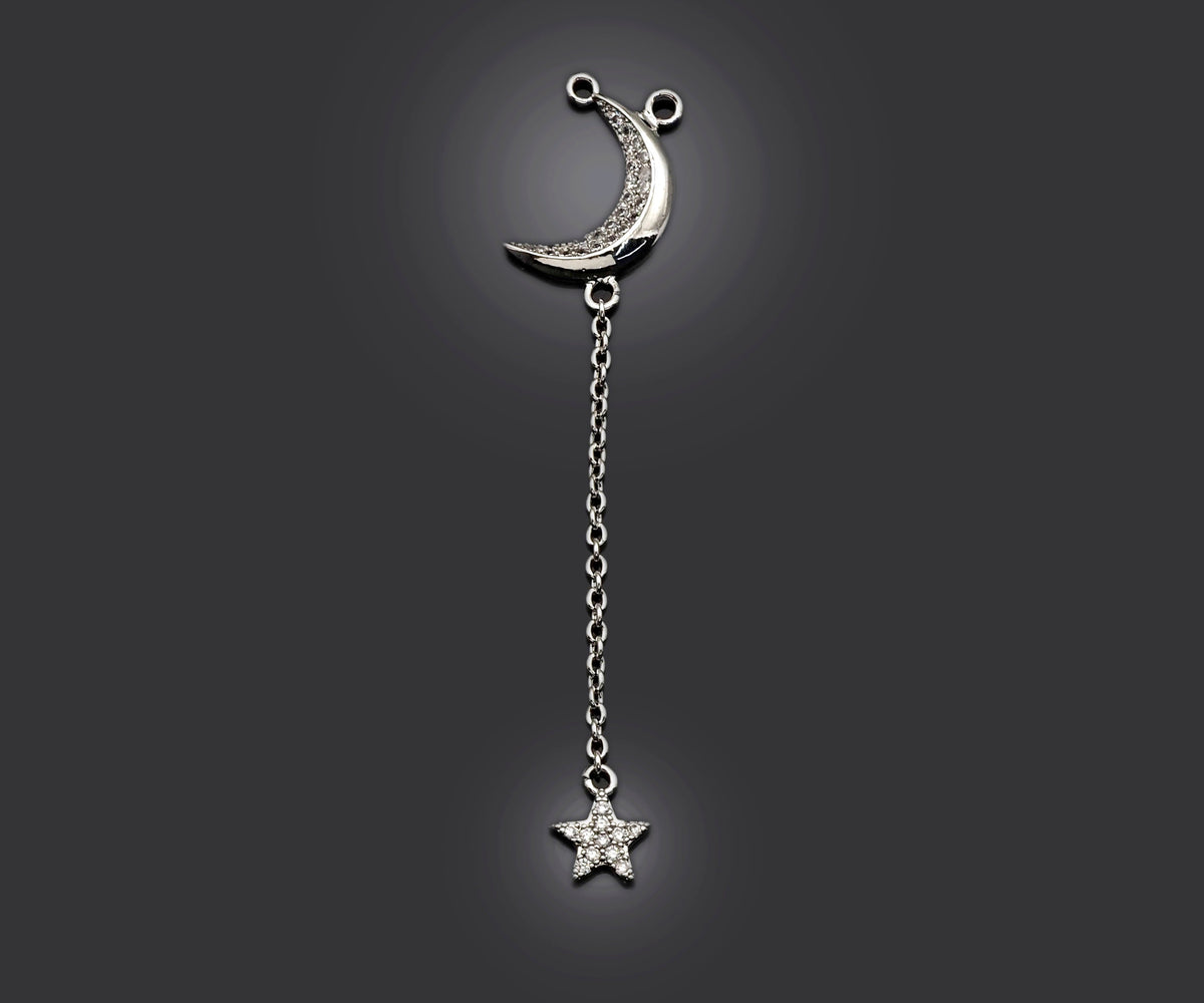 CZ Micro Pave Moon North Star Pendant/Charm, Star Moon Pendant, Clear CZ Micro Pave Charm, 11x55mm, sku#F1266