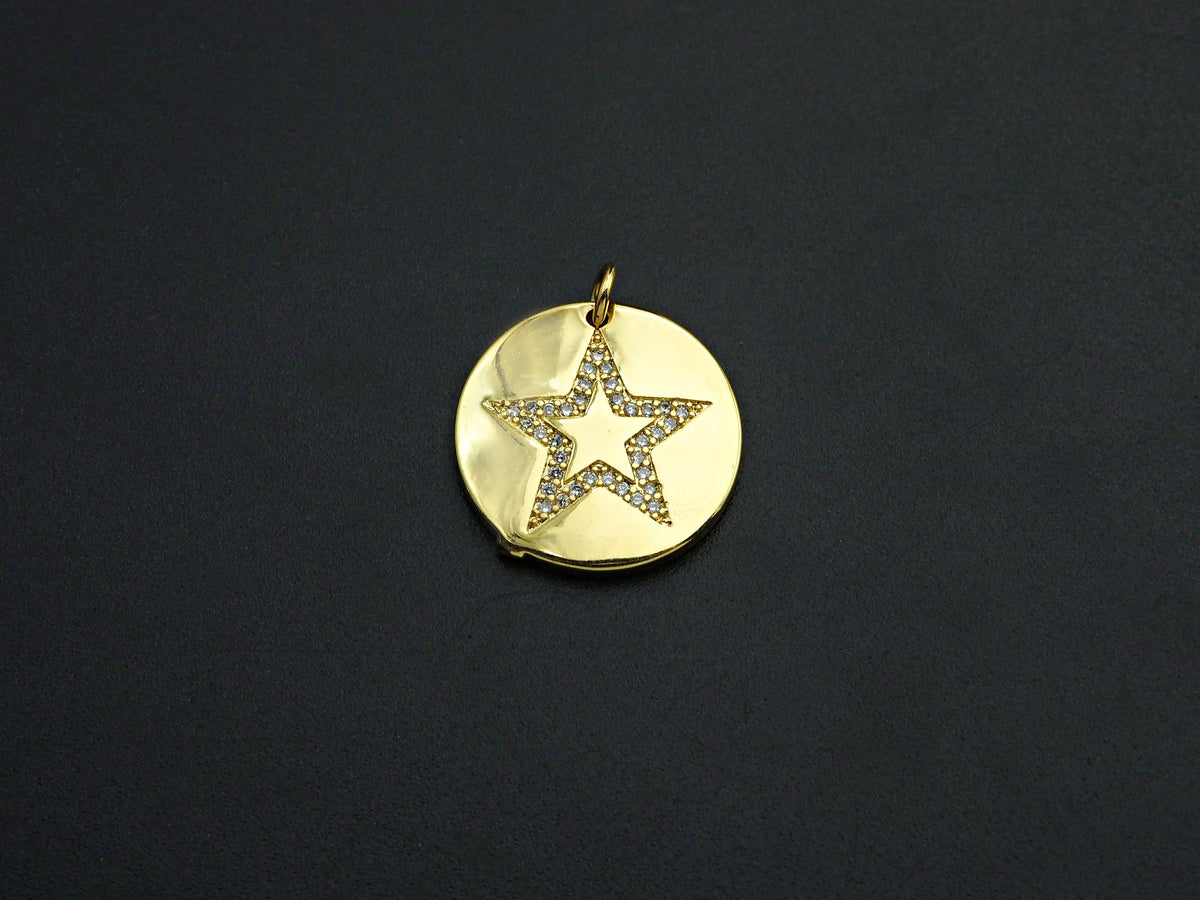 CZ Micro Pave Five Star On Round Coin Pendant,Round Cubic Zirconia Pendant, 10x16mm,Sku#F1095
