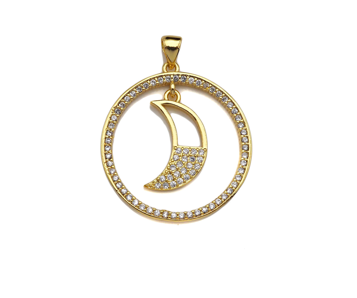 Clear CZ Micro Pave Cresent Moon Hanging in Round Ring Shape Pendant Charm, Cubic Zirconia Round Ring Moon Charm,27x30mm,Sku#LK154