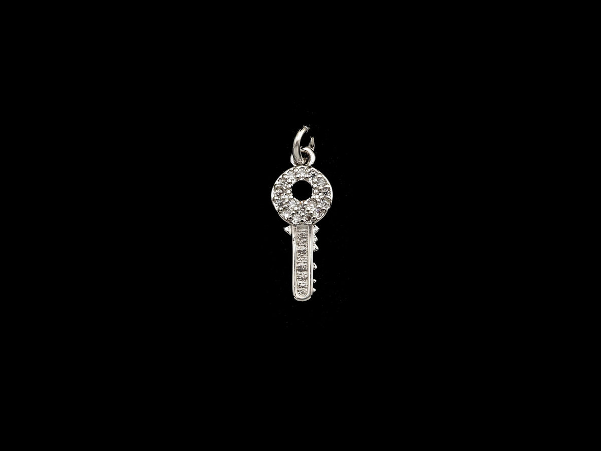 CZ Micro Pave Key Shaped Pendant/Charm, Clear Cubic Zirconia Pave Charm, Small Key Charm, 7x17mm, sku#F1138
