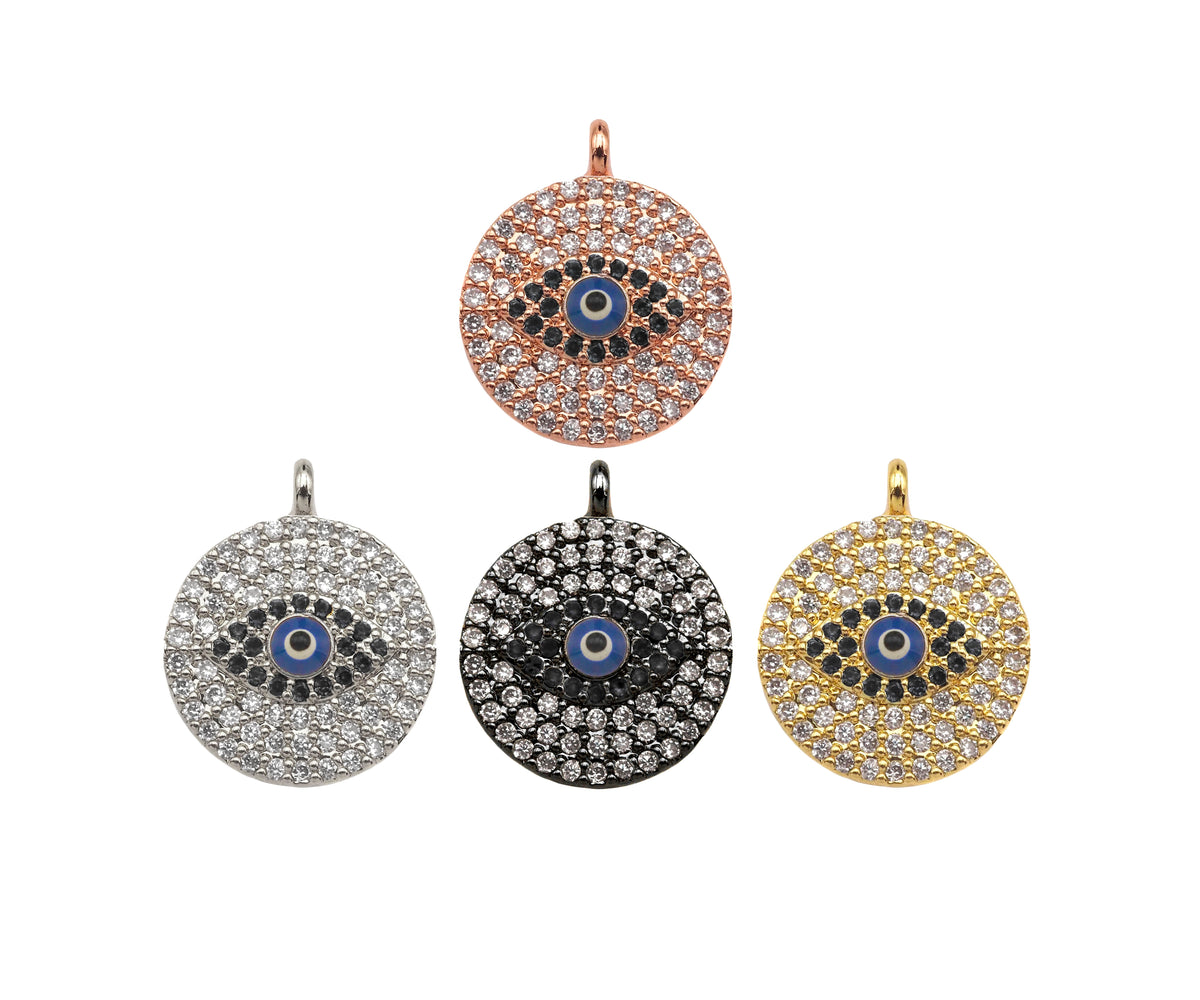 CZ Micro Pave Evil Eye On Round Coin Shape Pendant/Charm,Cubic Zirconia Blue Evil Eye Charm, Necklace Bracelet Charm, 17x14mm, Sku#F1397