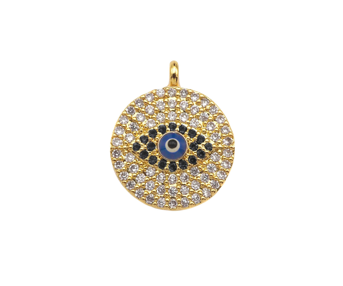 CZ Micro Pave Evil Eye On Round Coin Shape Pendant/Charm,Cubic Zirconia Blue Evil Eye Charm, Necklace Bracelet Charm, 17x14mm, Sku#F1397