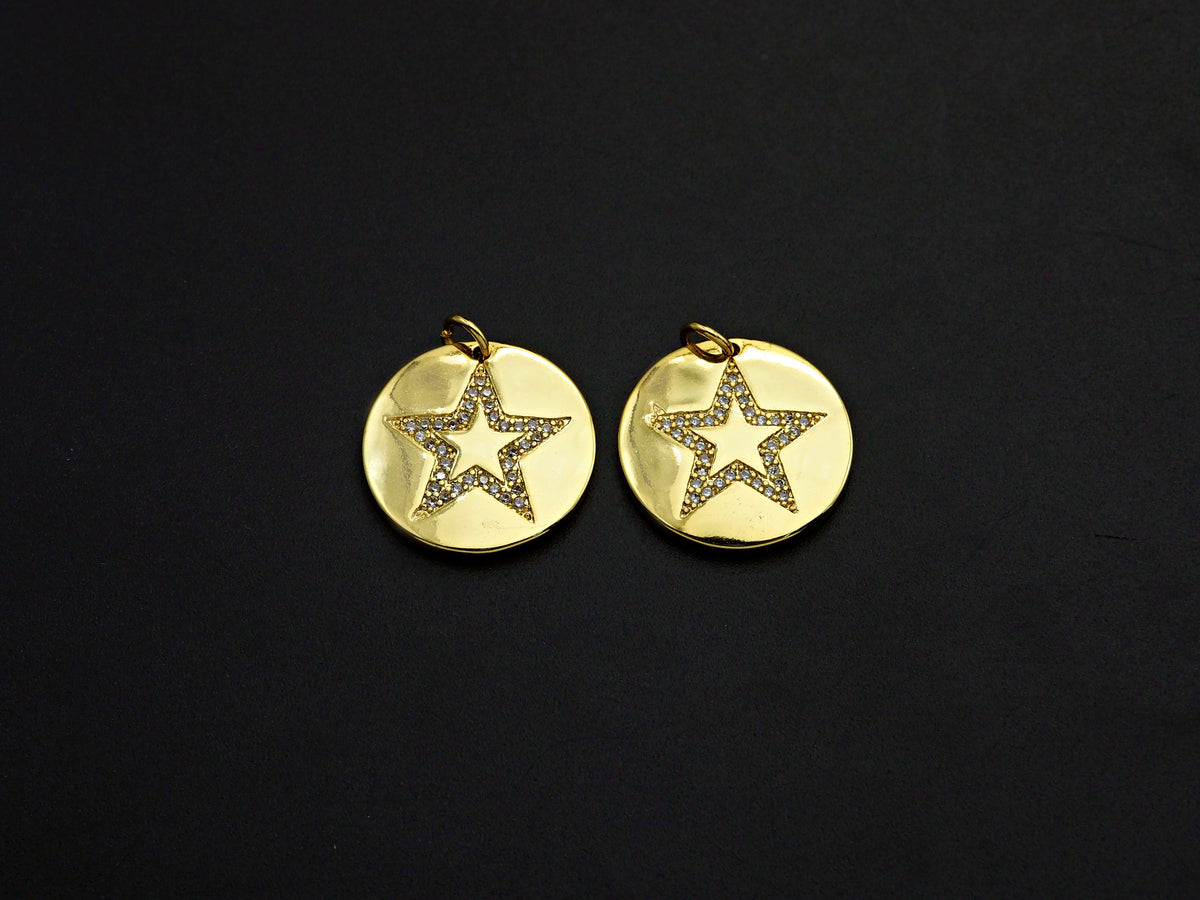 CZ Micro Pave Five Star On Round Coin Pendant,Round Cubic Zirconia Pendant, 10x16mm,Sku#F1095