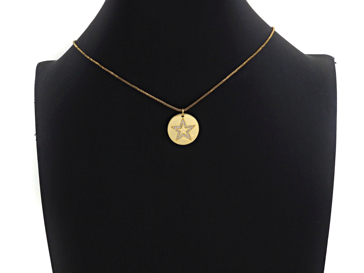 CZ Micro Pave Five Star On Round Coin Pendant,Round Cubic Zirconia Pendant, 10x16mm,Sku#F1095