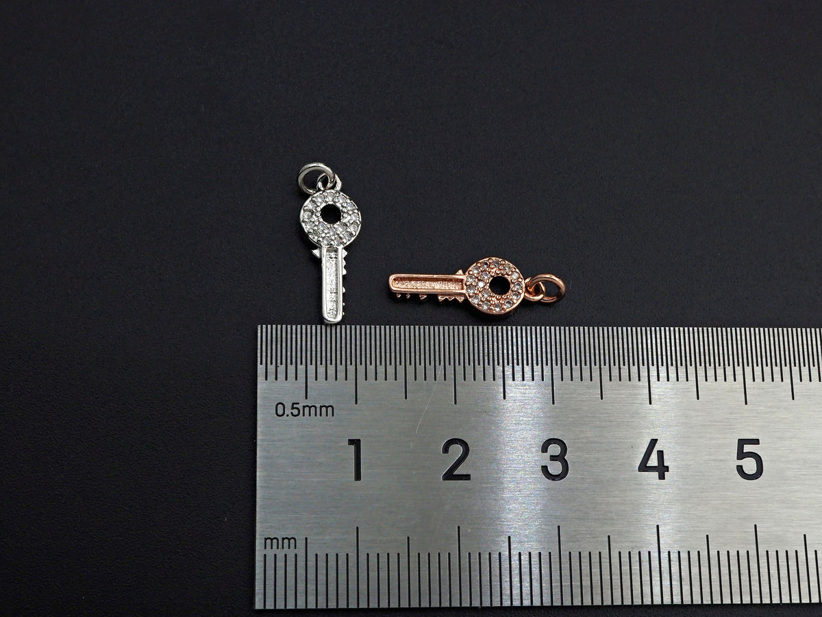 CZ Micro Pave Key Shaped Pendant/Charm, Clear Cubic Zirconia Pave Charm, Small Key Charm, 7x17mm, sku#F1138
