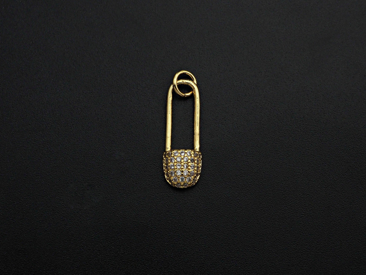 CZ Micro Pave Safety Pin Shaped Pendant/Charm,Cubic Zirconia Paved Charm, Necklace Bracelet Charm Pendant, 7x20mm,sku#F1125
