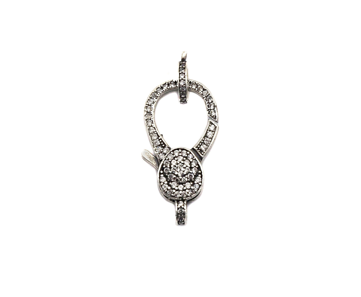 Antique Silver Finish CZ Clear Micro Pave Lobster Clasp with Jumping Ring Clasp, Fine Jewelry Clasp, Designer Clasp,  16x26mm,sku#H171