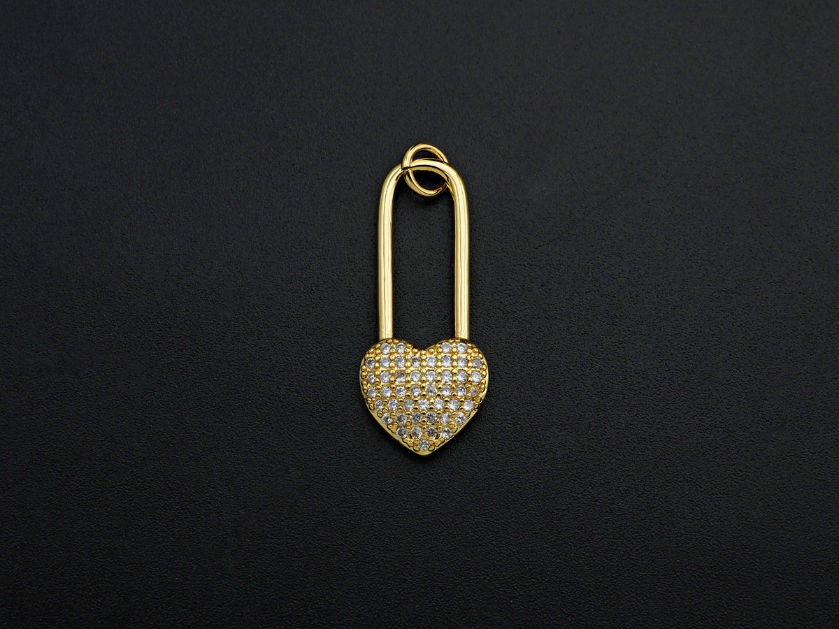 CZ Micro Pave Heart Lock Pendant, Cubic Zirconia Heart Pendant, Gold Tone pendant, 11x26mm, sku#F1110