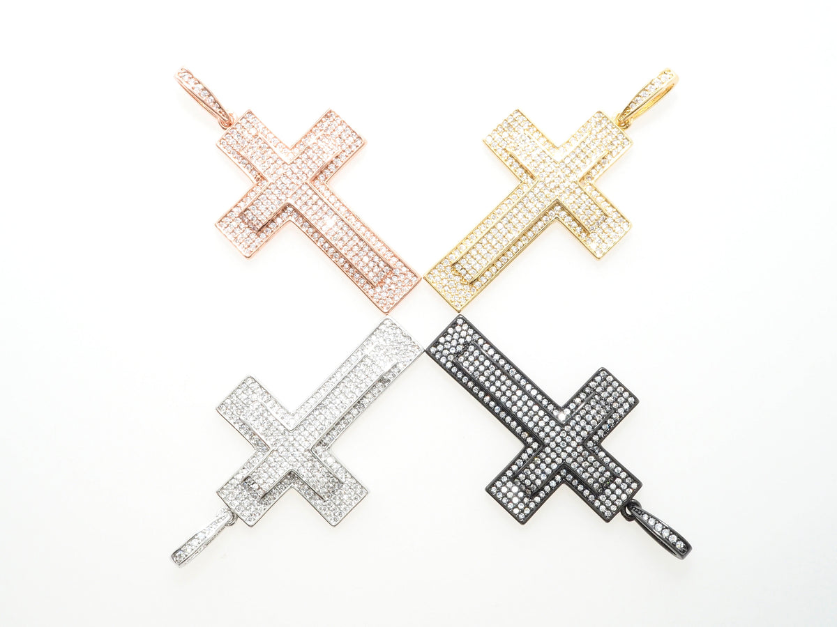 Large CZ Micro Pave Cross Pendant with Cross Symbol,Gold/Silver/Black/Rose Gold Cross,Cubic Zirconia Jewelry Findings,28x38mm,sku#F484