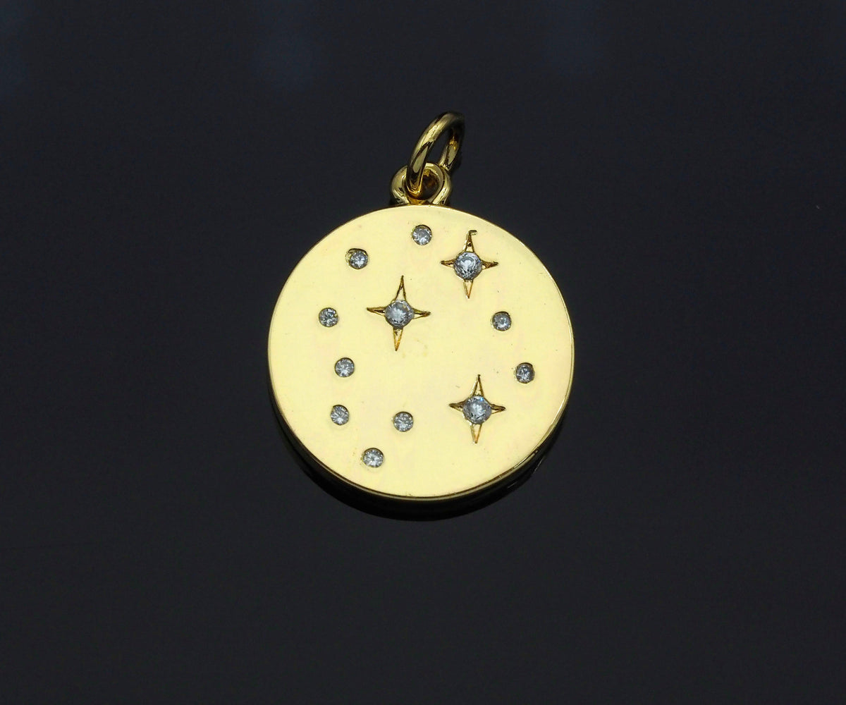 North Star on Disc Round Coin Pendant,North Star Cubic Zirconia Pendant, Silver/Gold Plated,16x19mm,Sku#F1267