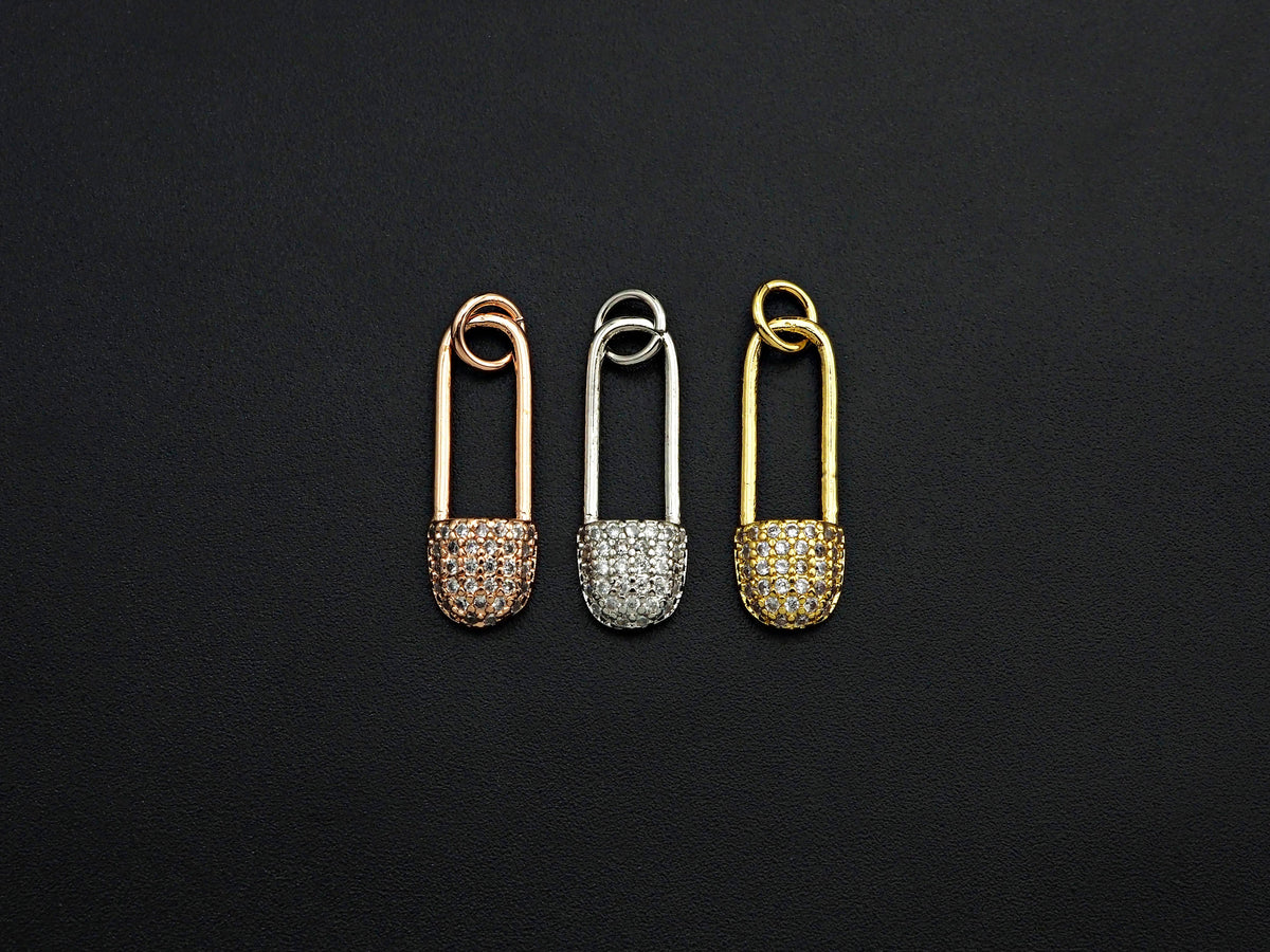 CZ Micro Pave Safety Pin Shaped Pendant/Charm,Cubic Zirconia Paved Charm, Necklace Bracelet Charm Pendant, 7x20mm,sku#F1125