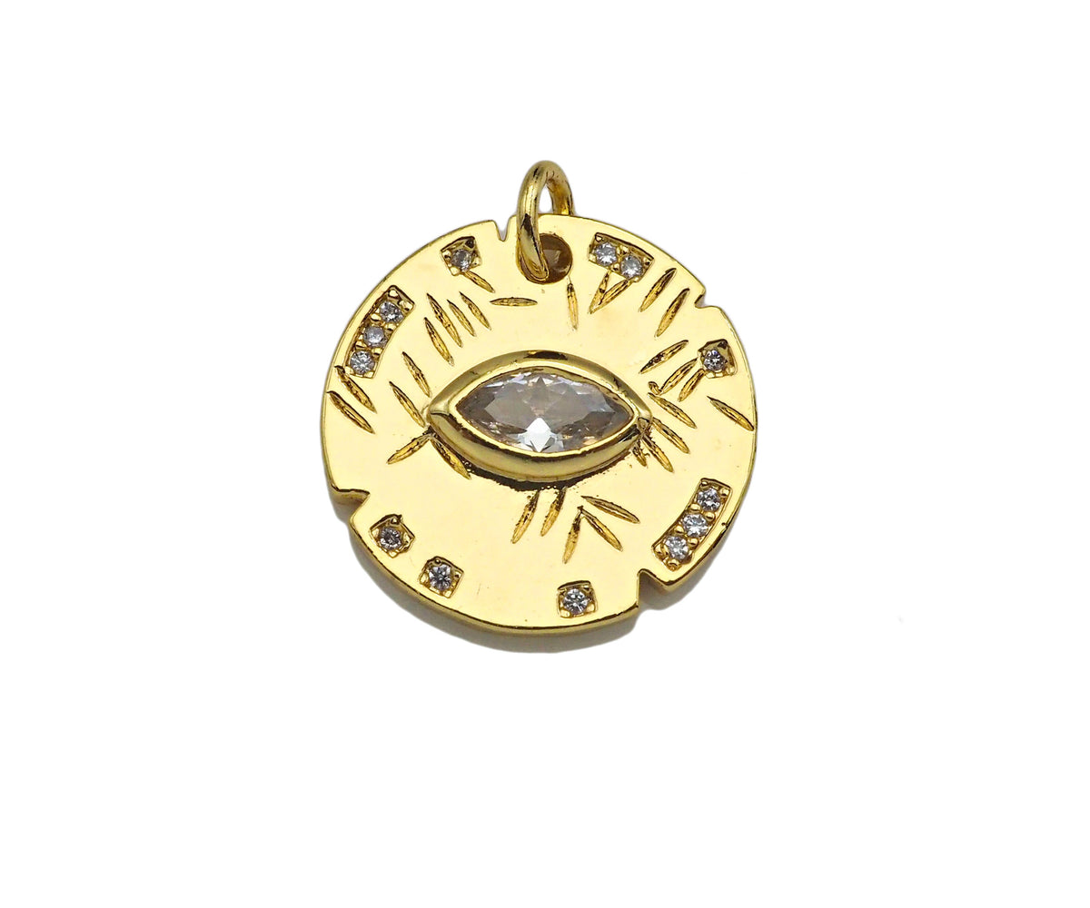 CZ Micro Pave Evil Eye On Round Coin Shape Pendant,Cubic Zir