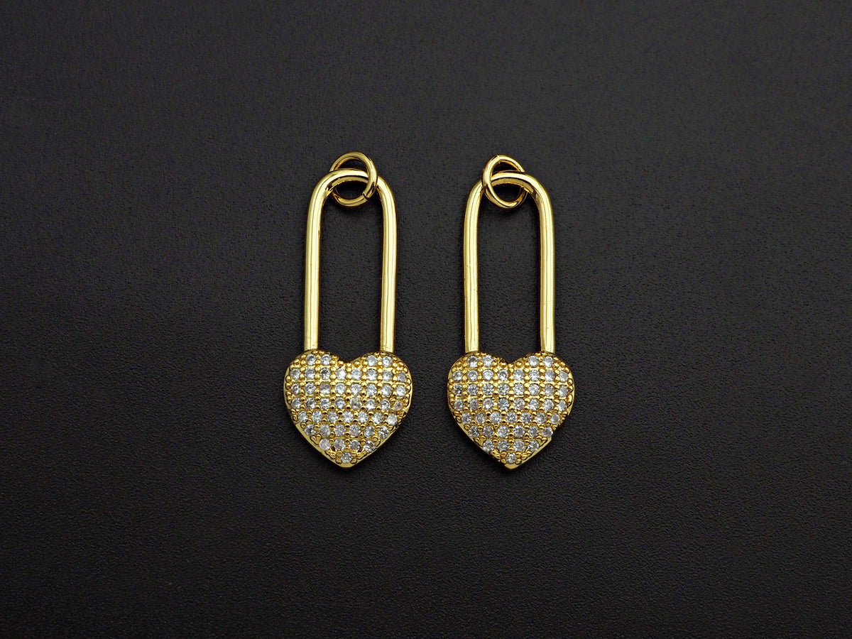 CZ Micro Pave Heart Lock Pendant, Cubic Zirconia Heart Pendant, Gold Tone pendant, 11x26mm, sku#F1110