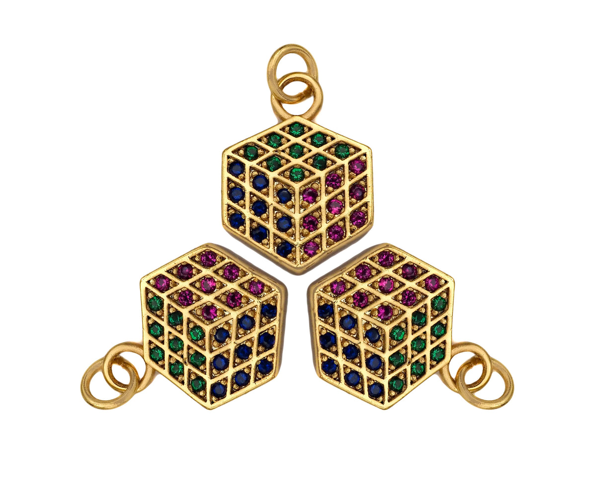Colorful CZ Micro Pave Dainty Gold Rubik's Cube Charms, Gold Charm Pendant, Rubik's Cube Shape Necklace Charms, 12x17mm, Sku#F1335