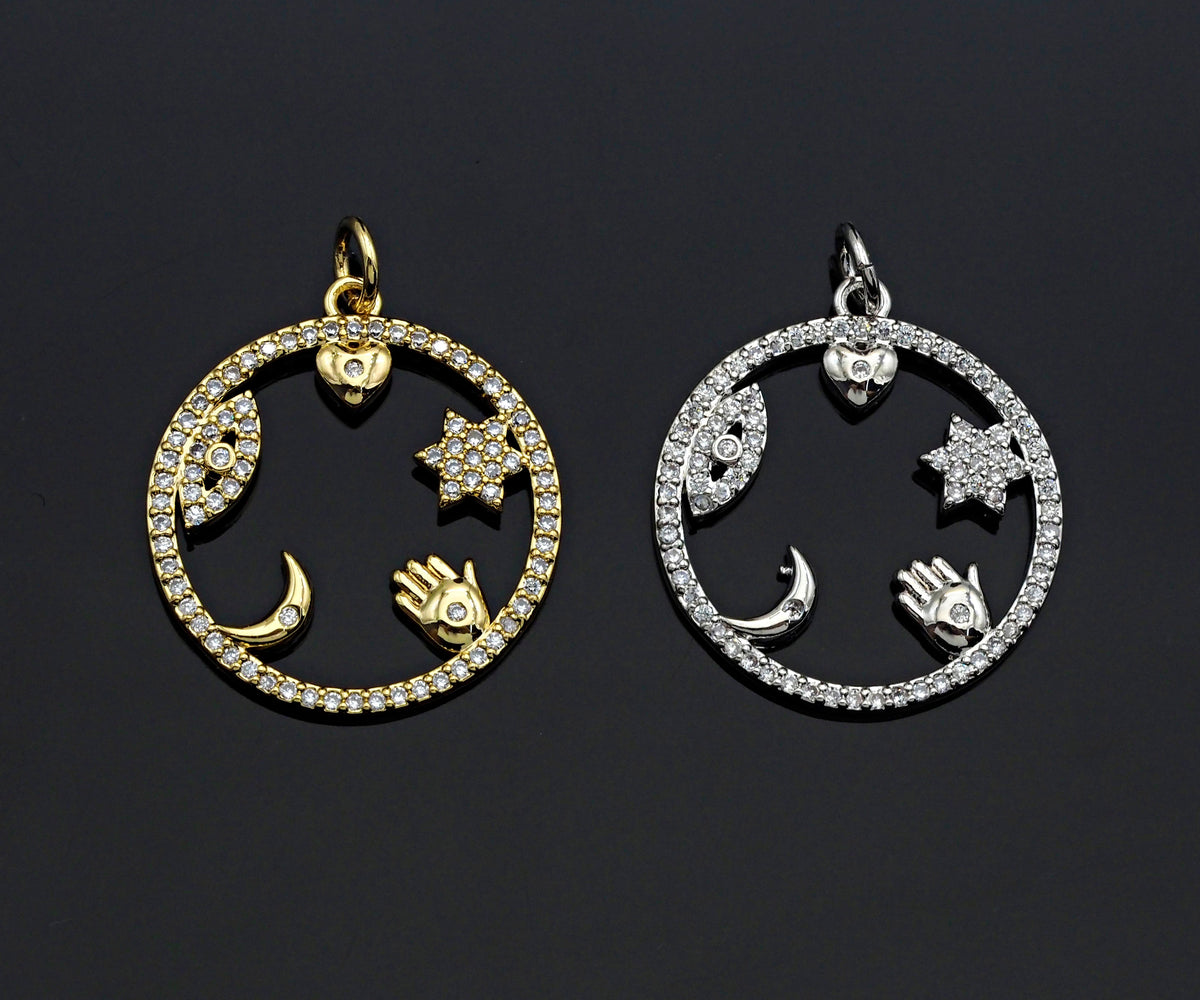 CZ Micro Pave Evil Eye Hand Star On  Round Ring Pendant , 21x23mm, Cubic Zirconia Round Ring Pave Pendant Beads, Pave Charm, SKU#F1188