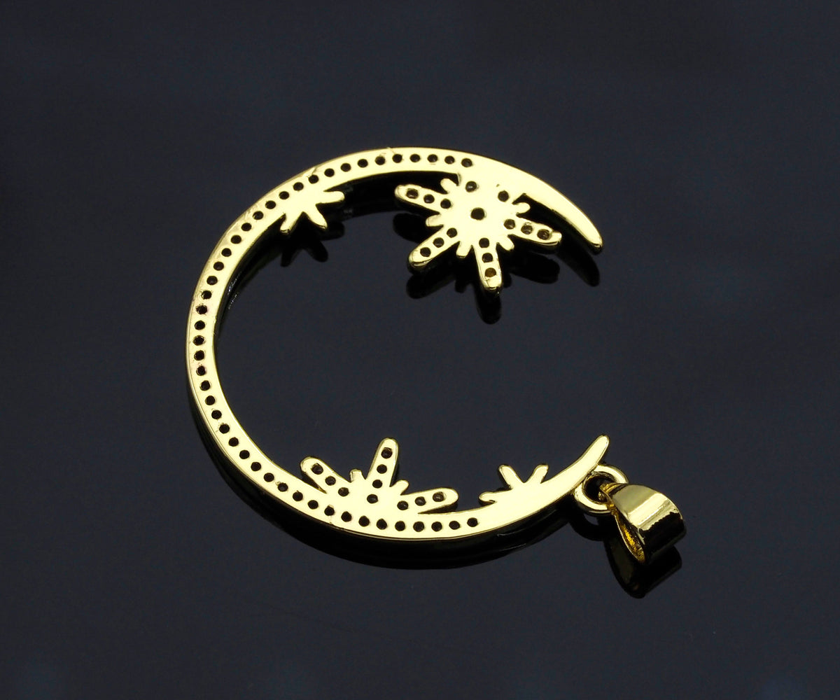 Clear CZ Micro Pave Flower Star On Cresent Moon Shape Pendant Charm, Cubic Zirconia Moon Charm,30x33mm,Sku#LK156