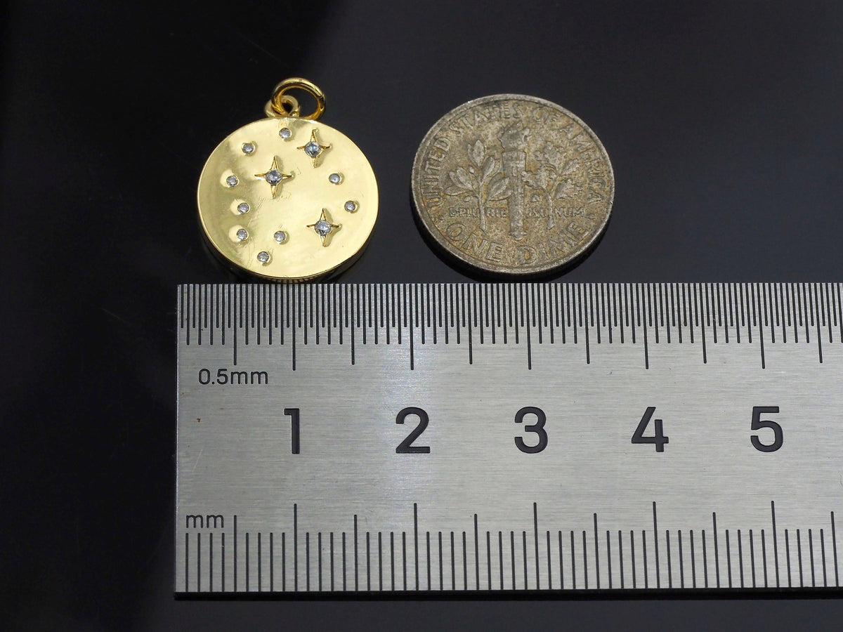 North Star on Disc Round Coin Pendant,North Star Cubic Zirconia Pendant, Silver/Gold Plated,16x19mm,Sku#F1267