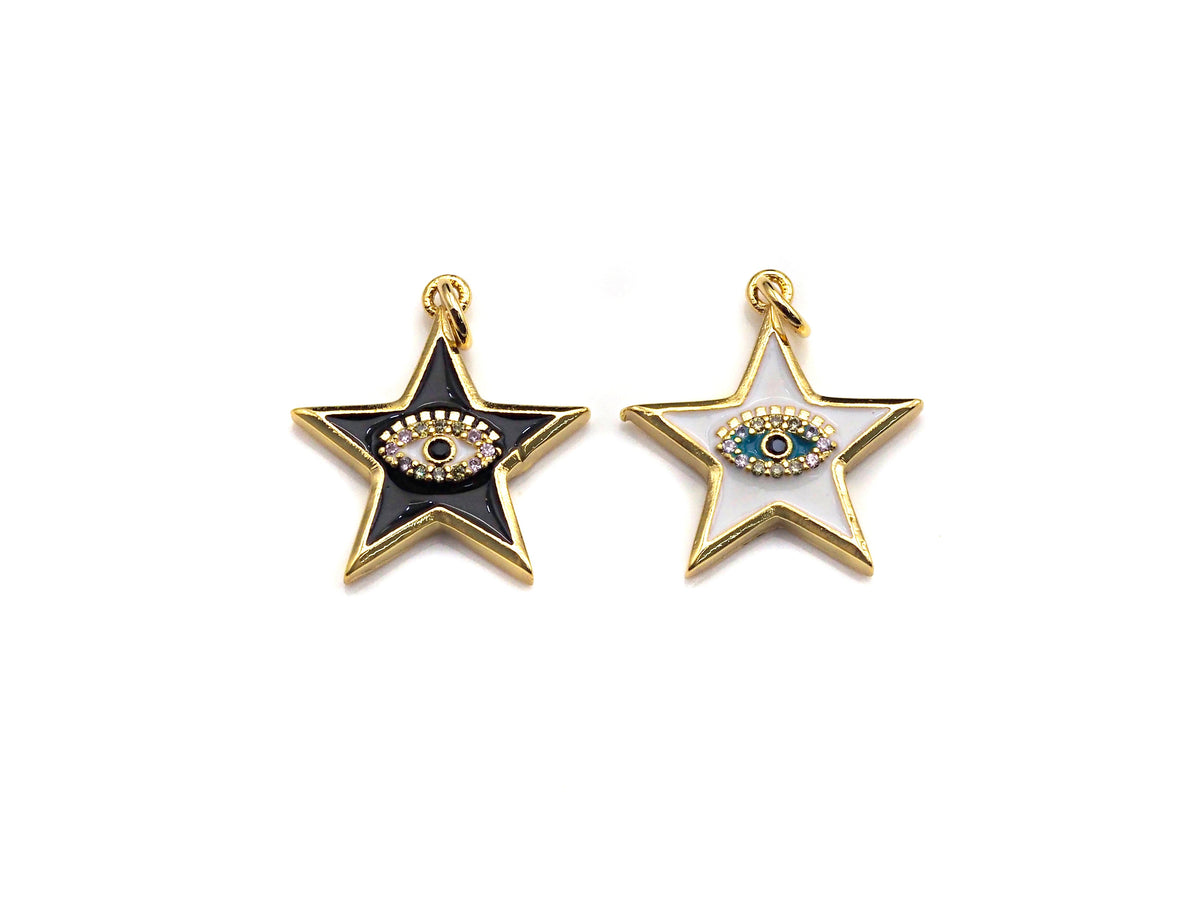 Enamel Five Star with Evil eye charm, Black White Enamel Pendant, Enamel eye charm, Star eye jewelery, 20x24mm,sku#FH13