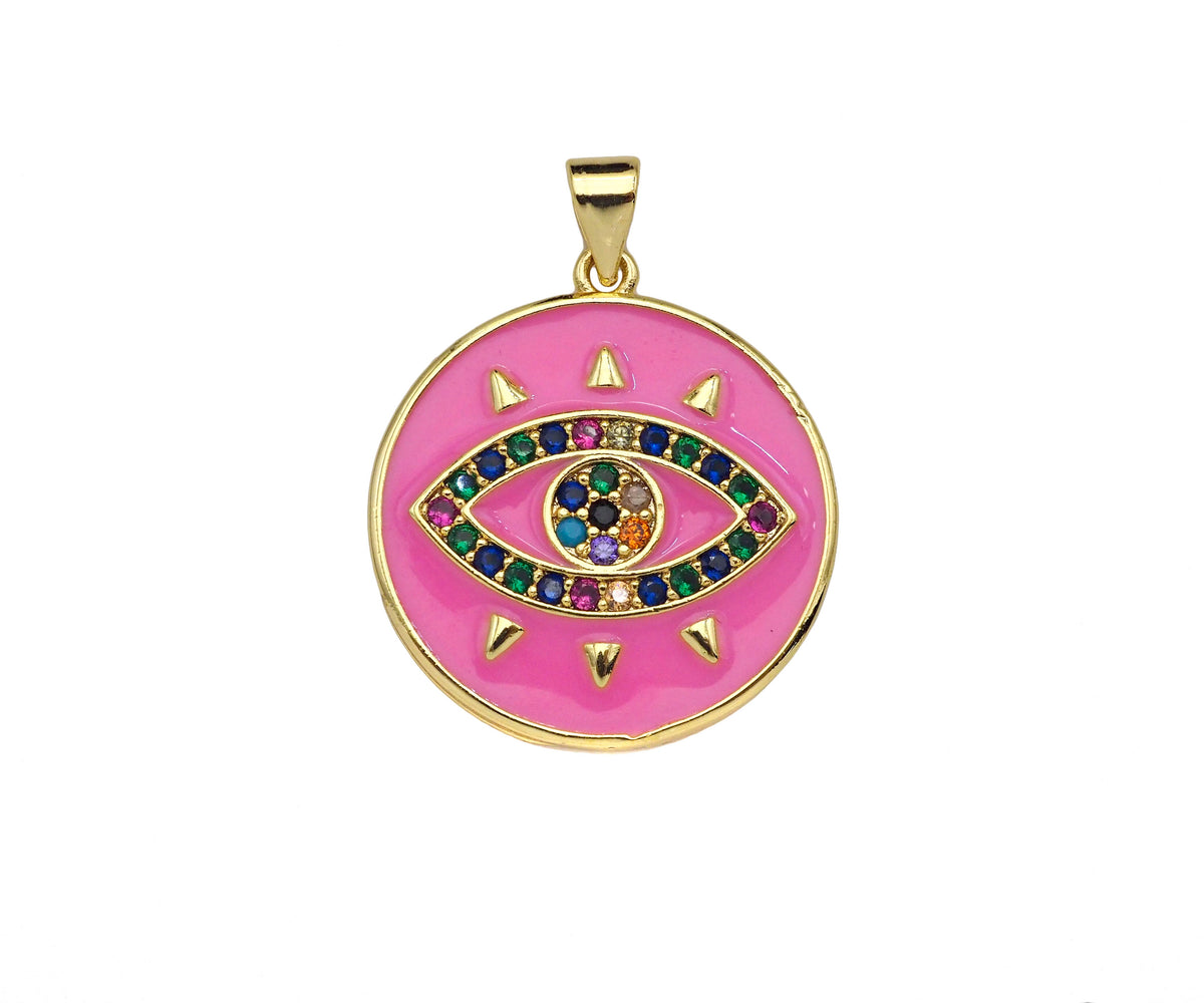 Gold Filled Colorful CZ Evil Eye On Enamel Round Coin Shape Pendant, 18K Gold Filled Micro CZ Pave Charm, 25x23mm,Sku#FH173