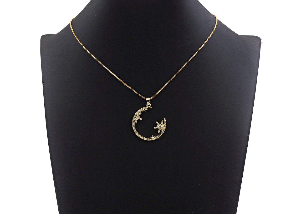 Clear CZ Micro Pave Flower Star On Cresent Moon Shape Pendant Charm, Cubic Zirconia Moon Charm,30x33mm,Sku#LK156
