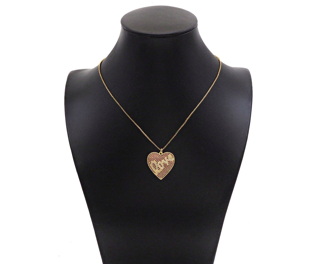 Fuchsia CZ Micro Pave Love On Heart Shape Pendant,Cubic Zirconia Gold Charm, Necklace Bracelet Charm Pendant,25x26mm, Sku#F1373