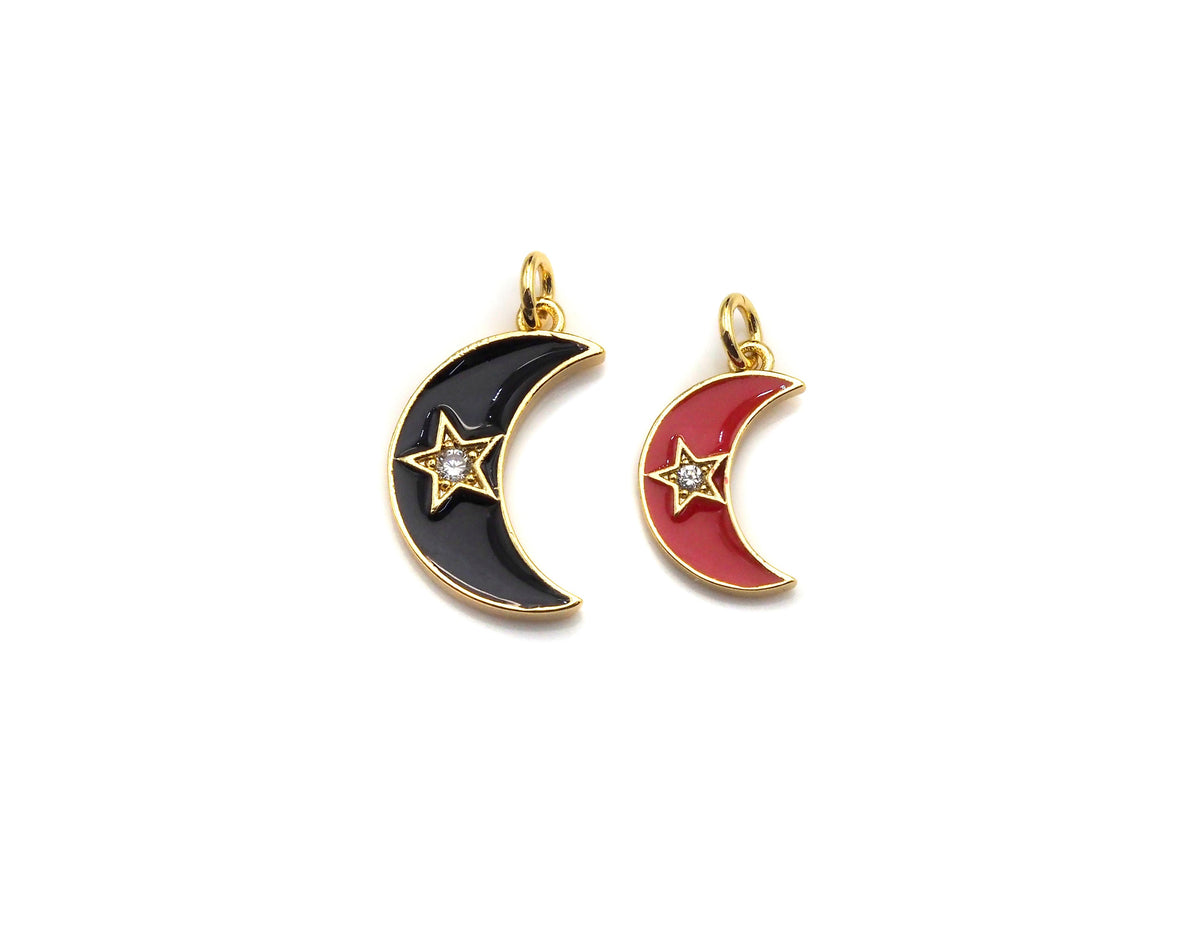 Enamel Moon Star charm, Black Red White Gold CZ Half Moon Pendant, Enamel Moon charm, 10x19mm/18x21mm, sku#FH14