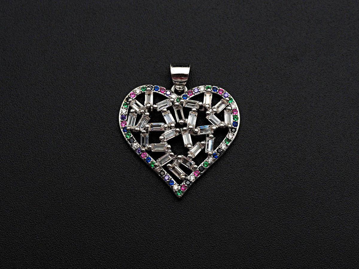 Bagette CZ Micro Pave Filigree Heart Pendant, Heart Shaped Pave Pendant, Gold/Rose Gold/Silver/Gunmetal plated, 28mm, Sku#FH44