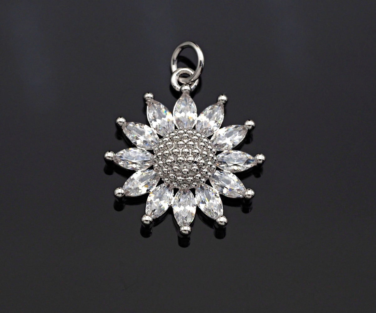 CZ Micro Pave Sunflower Pendant, Gold/Silver Plated Jewelry, sku#F1219C
