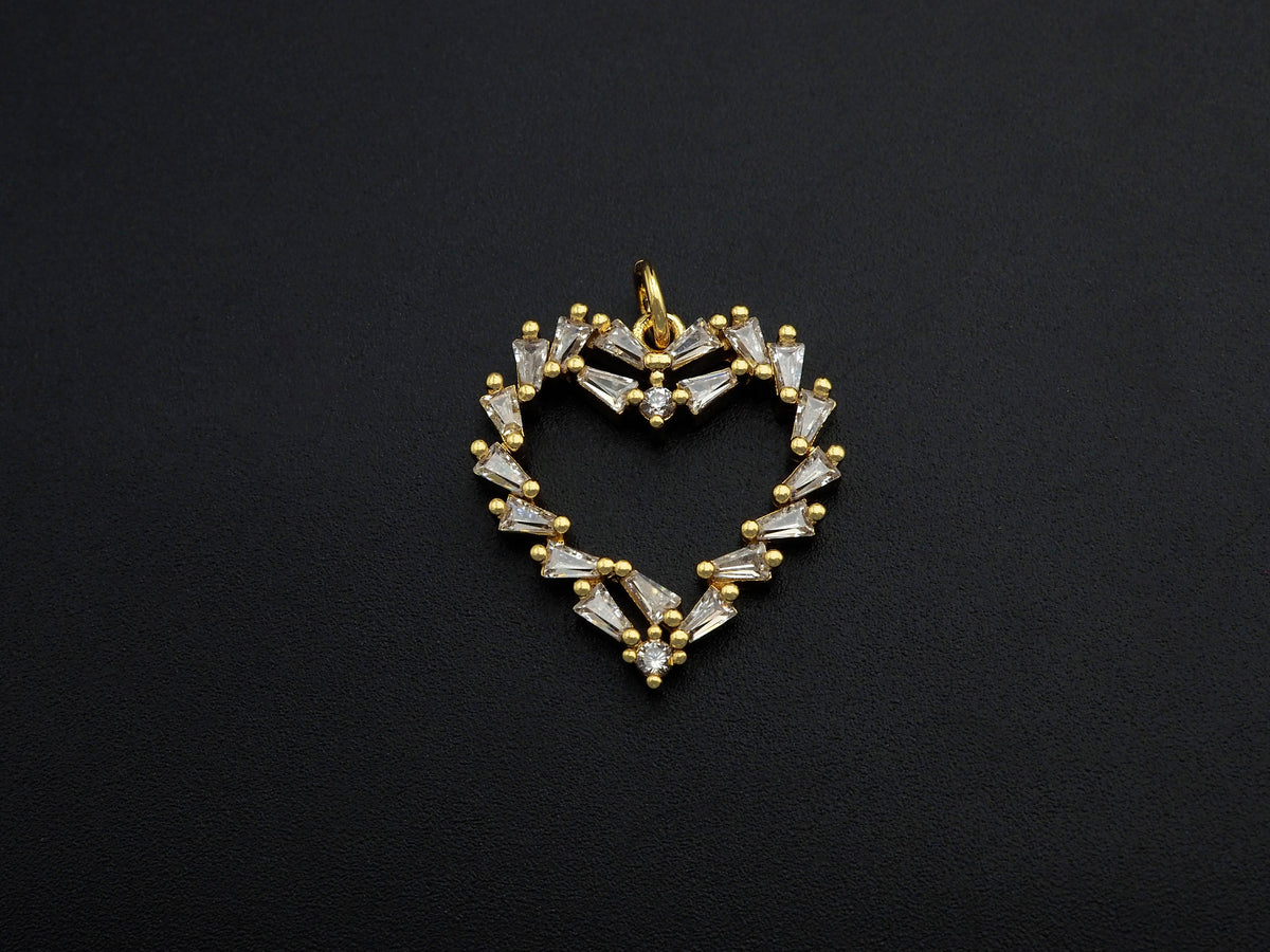 Bagette CZ Micro Pave Heart Shaped Pendant,Heart Cubic Zirconia Pendant, Gold Tone Heart, 22mm,Sku#F1112