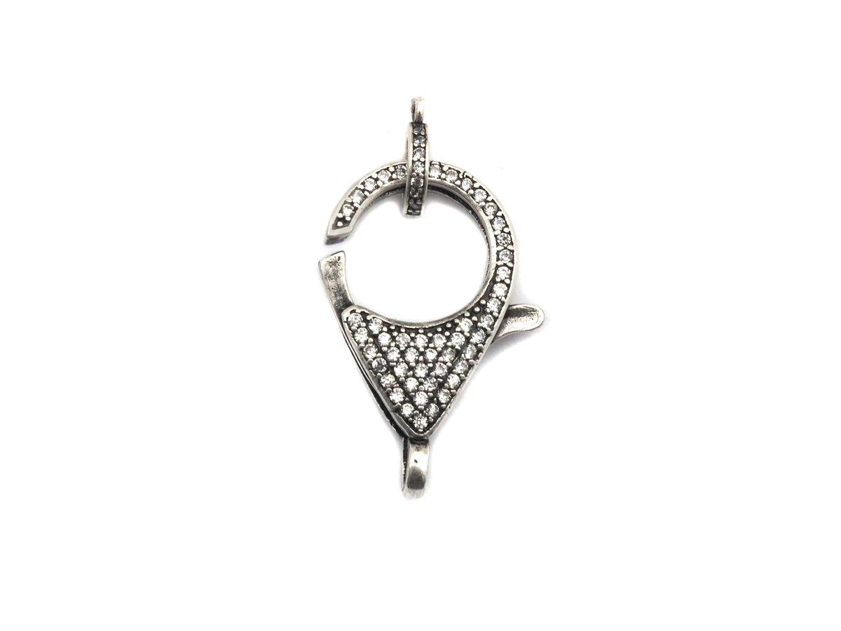 CZ Micro Pave Teardrop Lobster Claw Clasp, Cubic Zirconia Clasp, Antique Silver Plated Clasp, 18x26mm,sku#H173