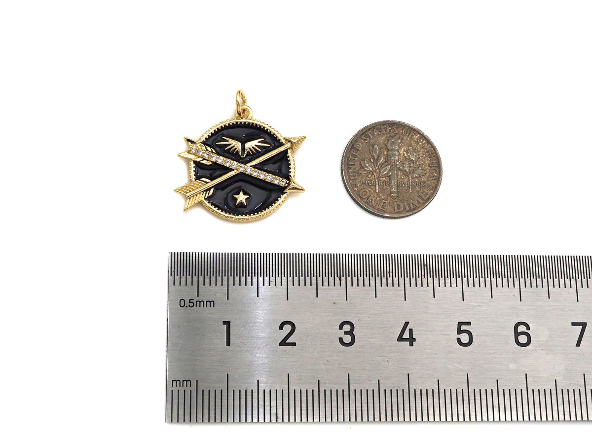 Black/White Enamel PAVE Arrows Cross On Round Coin Pendant, Enamel Round Pendant, Pave Enamel Jewelry Findings,25x21mm,sku#FH148