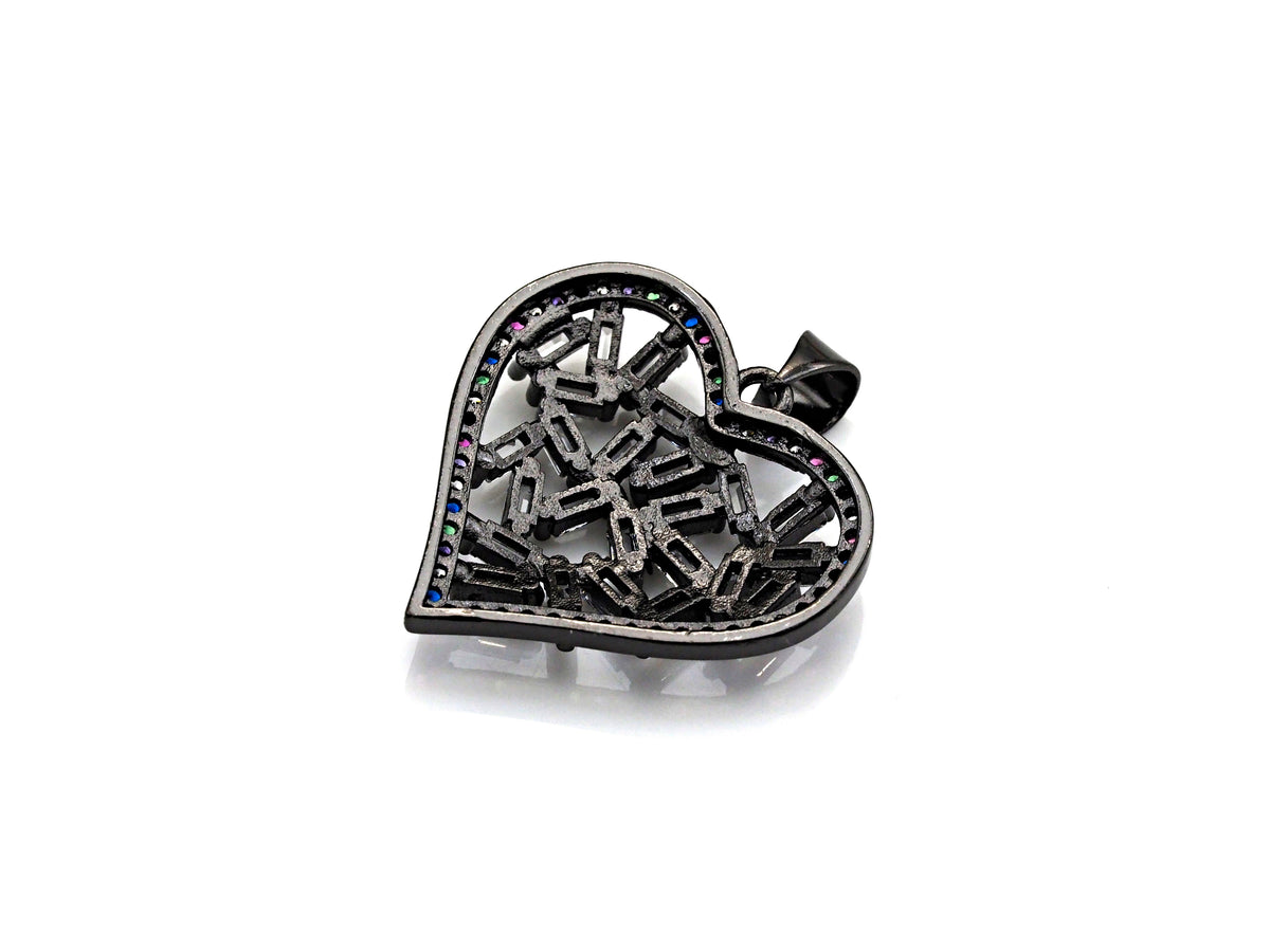 Bagette CZ Micro Pave Filigree Heart Pendant, Heart Shaped Pave Pendant, Gold/Rose Gold/Silver/Gunmetal plated, 28mm, Sku#FH44