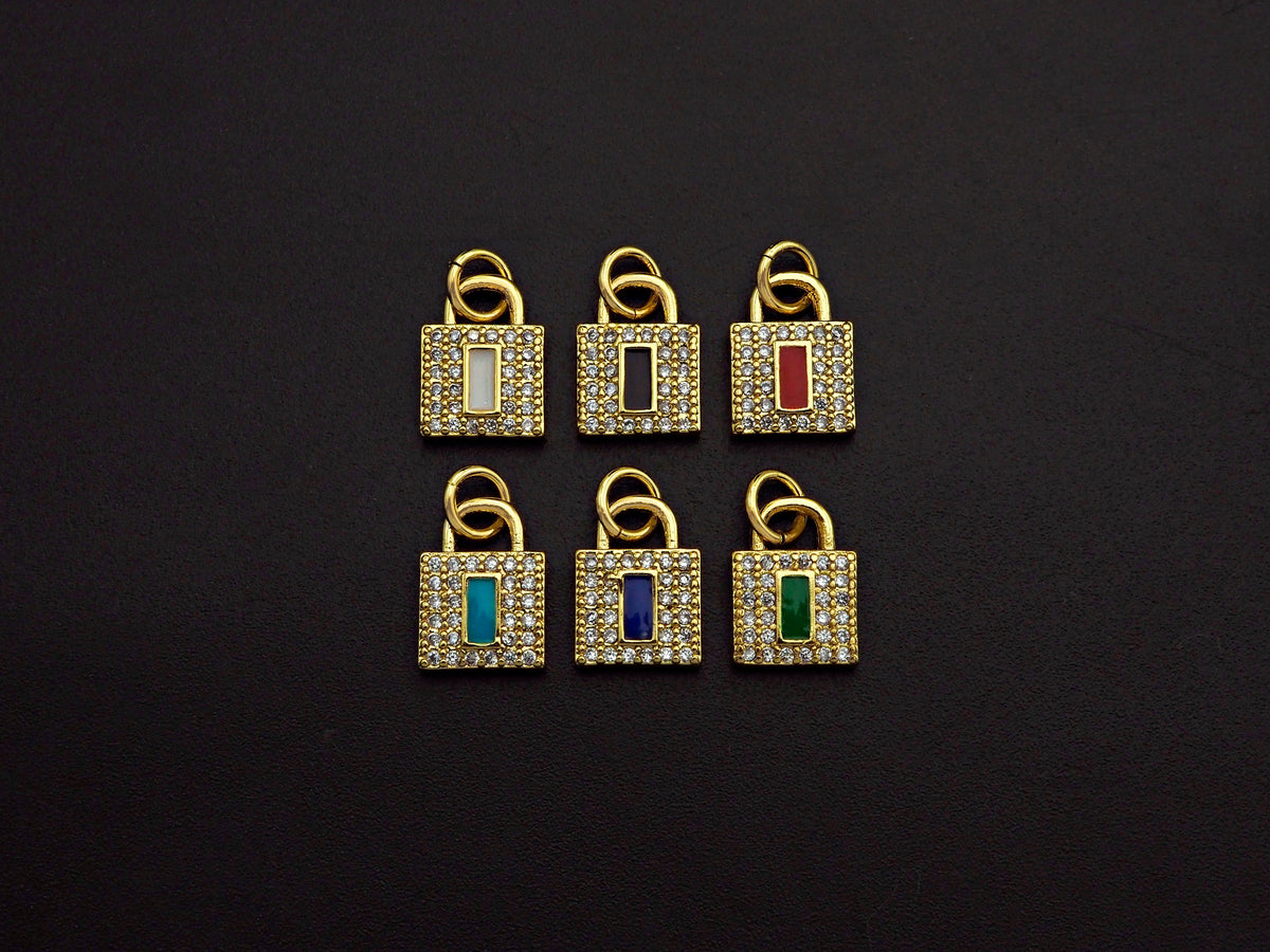 CZ Micro Pave Rectangle Colorful Enamel Lock Shape Pendant/Charm,Cubic Zirconia Paved Charm, 8x11mm, sku#F1141