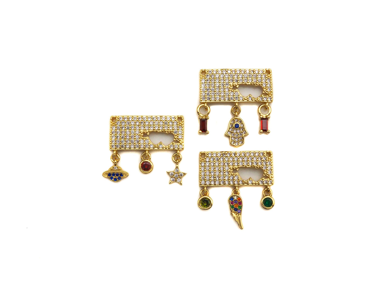 CZ Micro Pave Rectangle With Earth Wing Hamsa Hand Star Pendant, SKU#F1127C