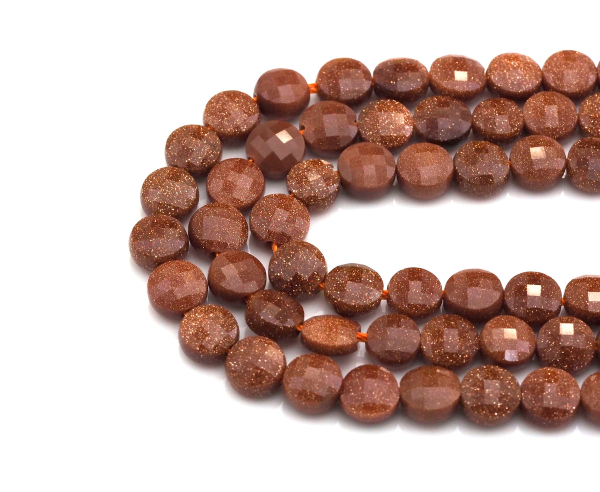 Double Sided Turtle Shell Cut Goldstone Coin beads, 6mm Flat coin faceted, Natural Gemstone Beads, 16" Full strand, sku#U605