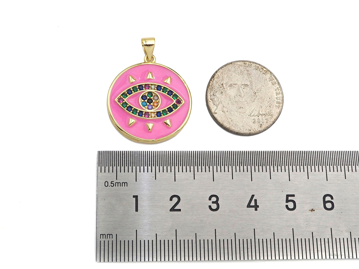 Gold Filled Colorful CZ Evil Eye On Enamel Round Coin Shape Pendant, 18K Gold Filled Micro CZ Pave Charm, 25x23mm,Sku#FH173
