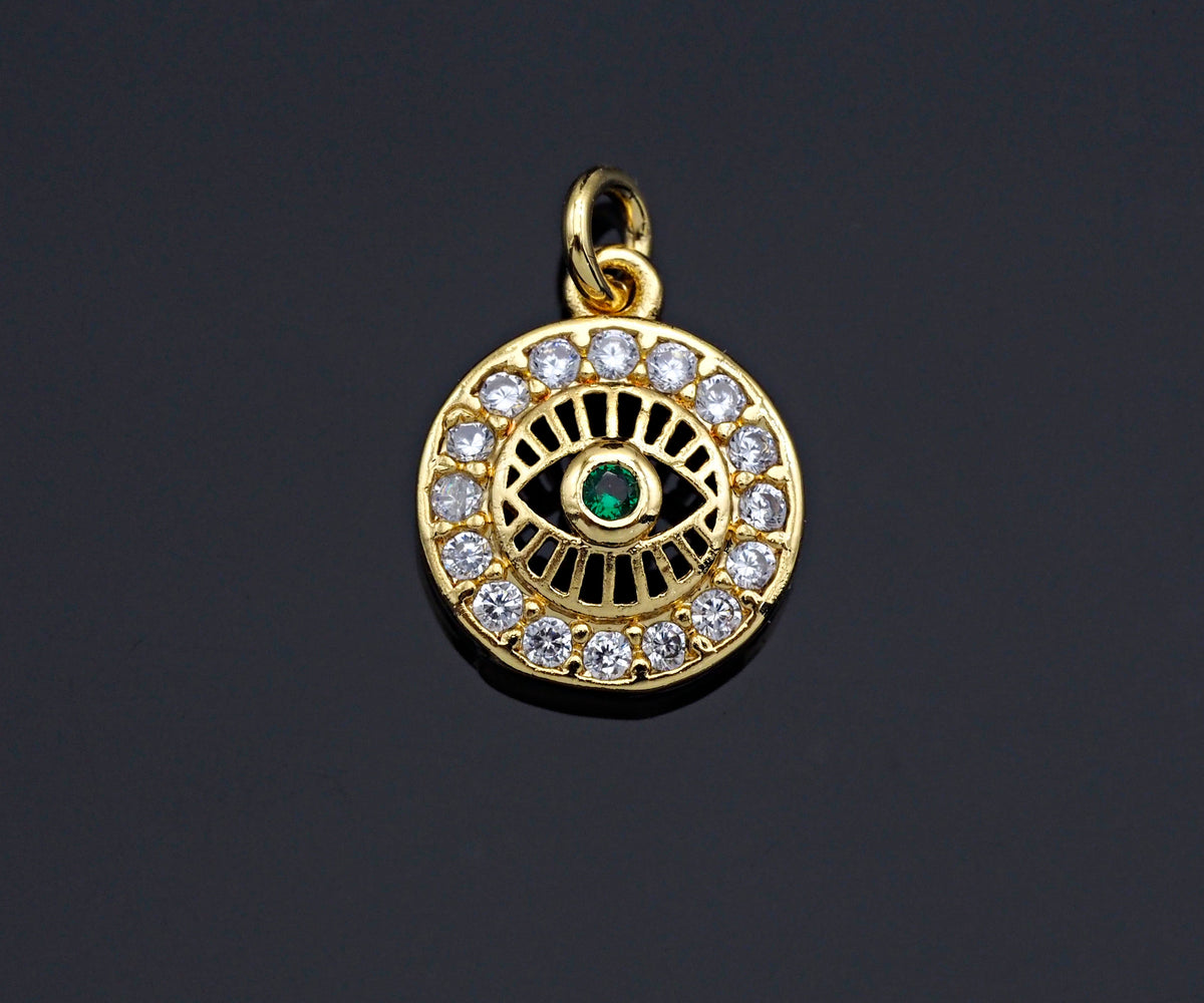 CZ Micro Pave Evil Eye On Round Pendant,Cubic Zirconia Round Evil Eye Pave Pendant Beads, Pave Charm, 11x13mm, SKU#F1190
