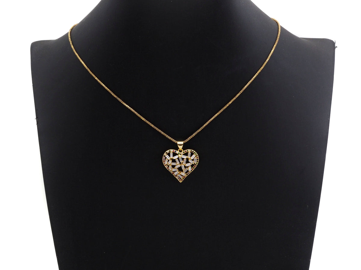Bagette CZ Micro Pave Filigree Heart Pendant, Heart Shaped Pave Pendant, Gold/Rose Gold/Silver/Gunmetal plated, 28mm, Sku#FH44