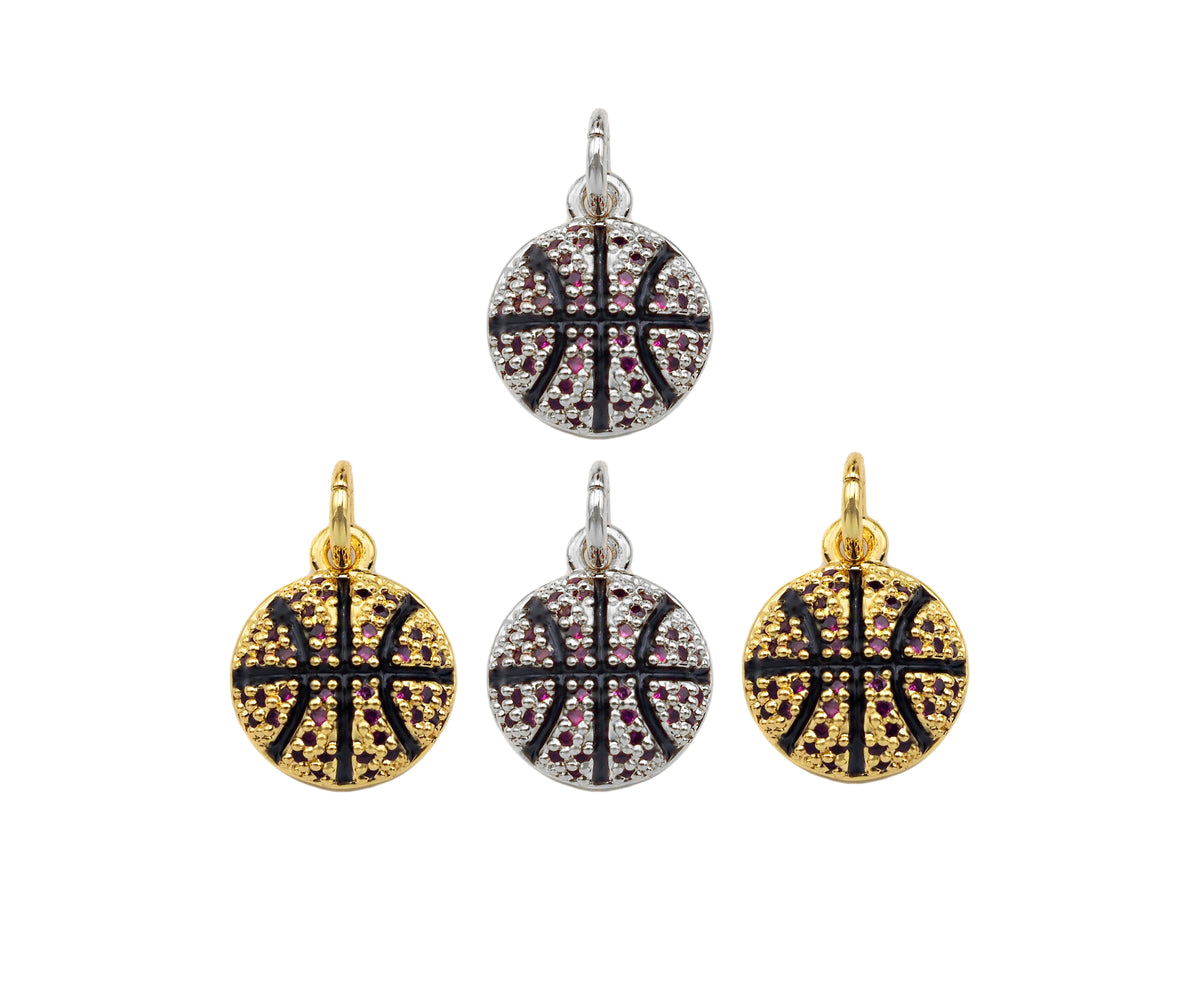 CZ Micro Pave Gold Silver Basketball Charm, Cubic Zirconia Pendant, Sport ball Charm, CZ Micro Pave Pendant,11x13mm, Sku#F1348