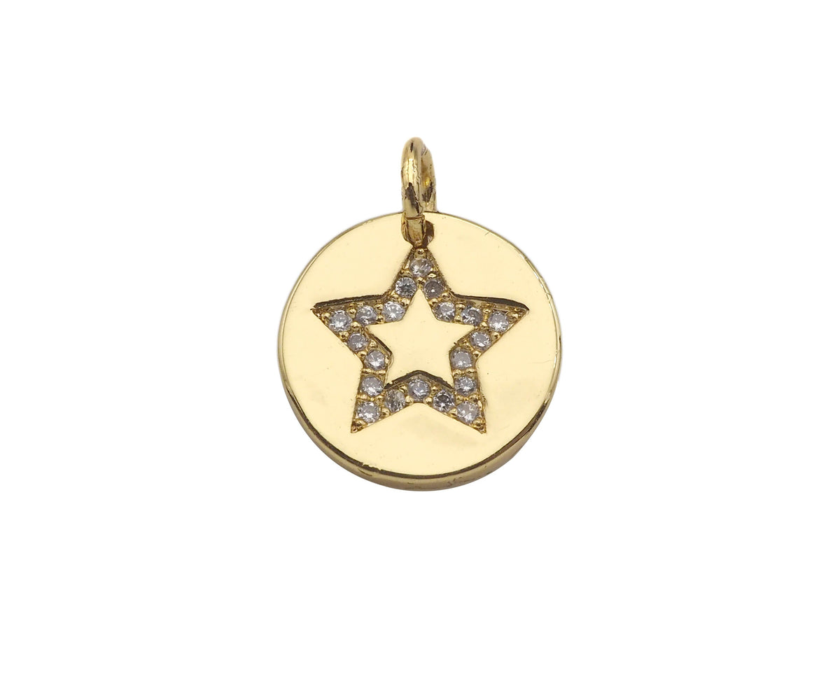 CZ Micro Pave Heart Star Moon On Round Coin Shape Pendant,CZ Dainty Gold Medallion Charm, Necklace Bracelet Charm Pendant,12x12mm, Sku#F1382