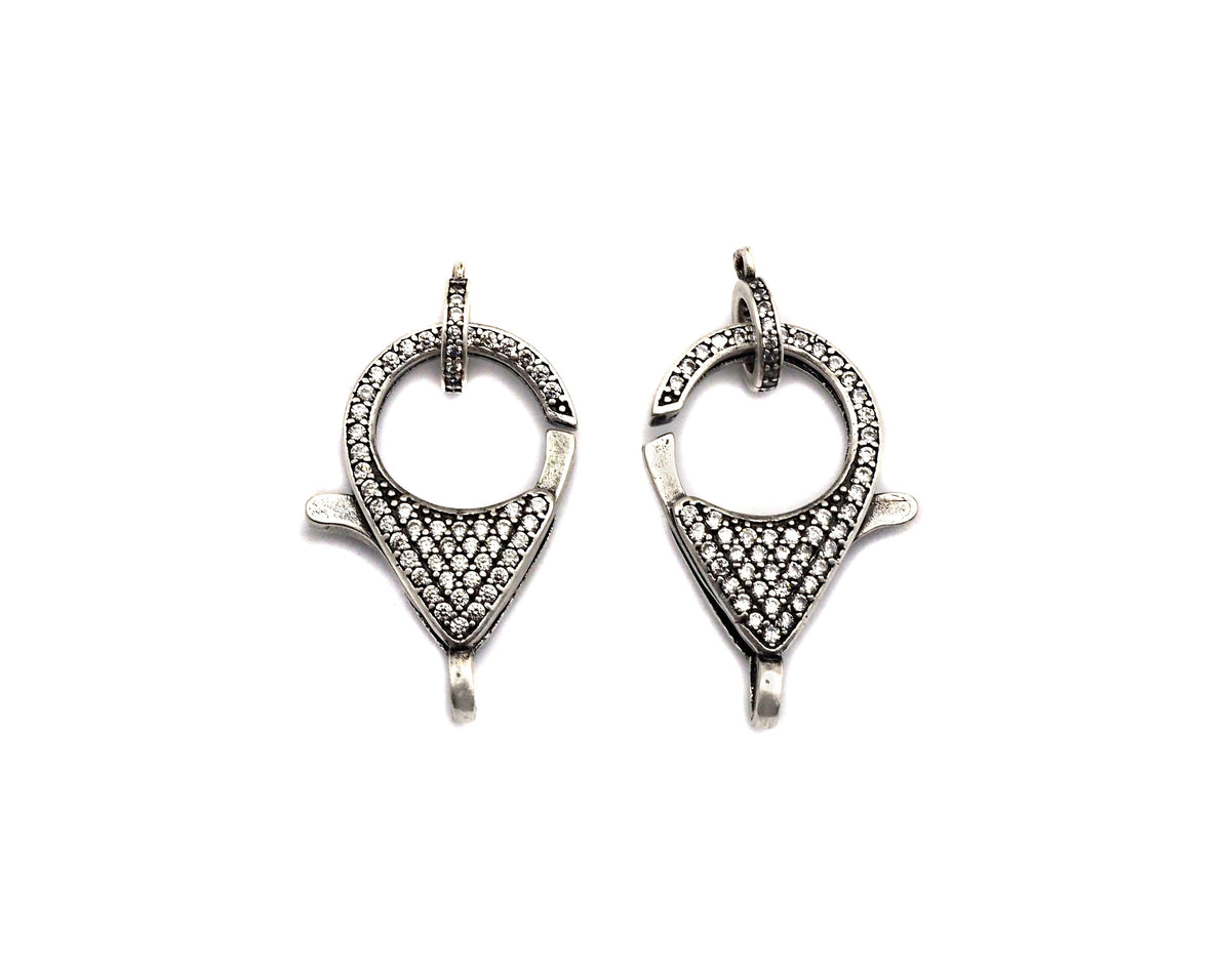 CZ Micro Pave Teardrop Lobster Claw Clasp, Cubic Zirconia Clasp, Antique Silver Plated Clasp, 18x26mm,sku#H173