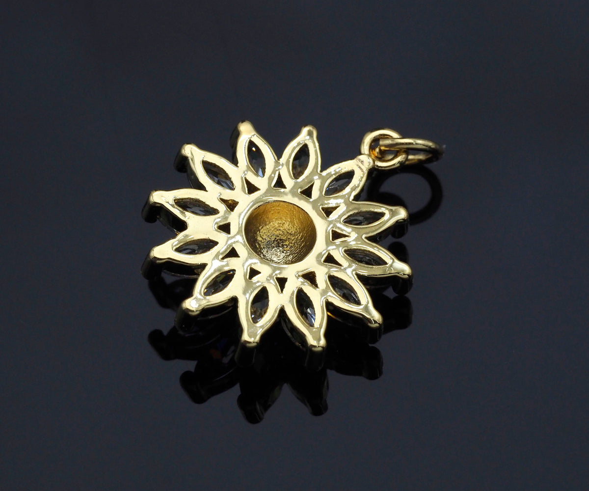 CZ Micro Pave Sunflower Pendant, Gold/Silver Plated Jewelry, sku#F1219C