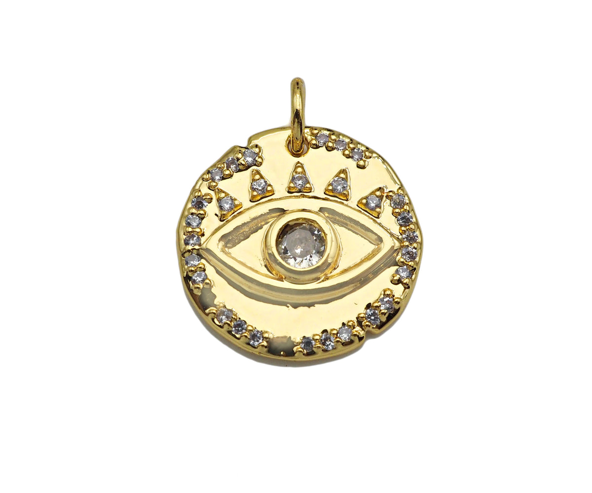 CZ Micro Pave Evil Eye On Hammered Coin Pendant/Charm,Cubic Zirconia Gold/Silver Charm, Necklace Bracelet Charm Pendant,16x16mm, Sku#L398