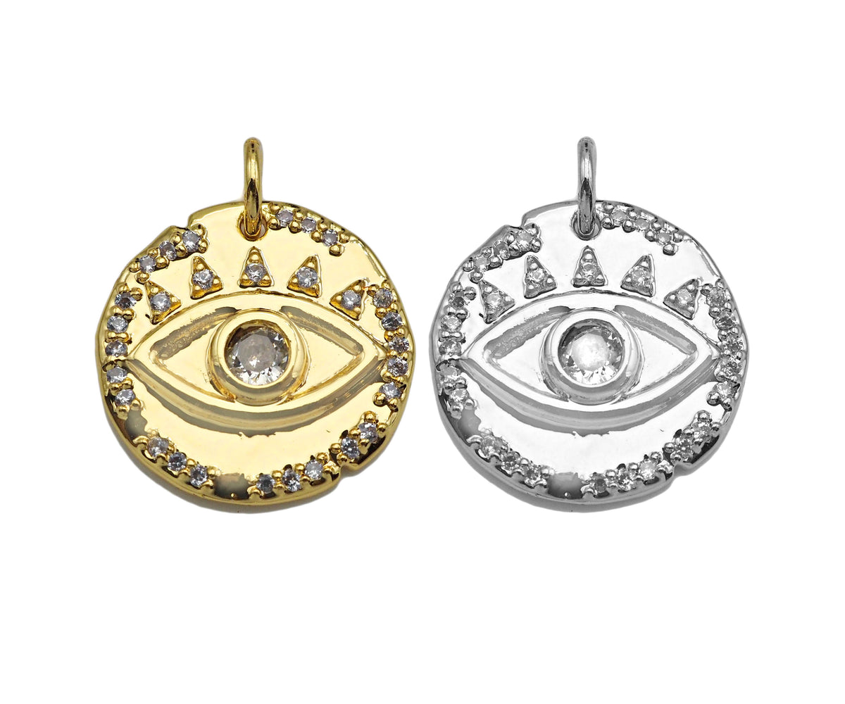 CZ Micro Pave Evil Eye On Hammered Coin Pendant/Charm,Cubic Zirconia Gold/Silver Charm, Necklace Bracelet Charm Pendant,16x16mm, Sku#L398