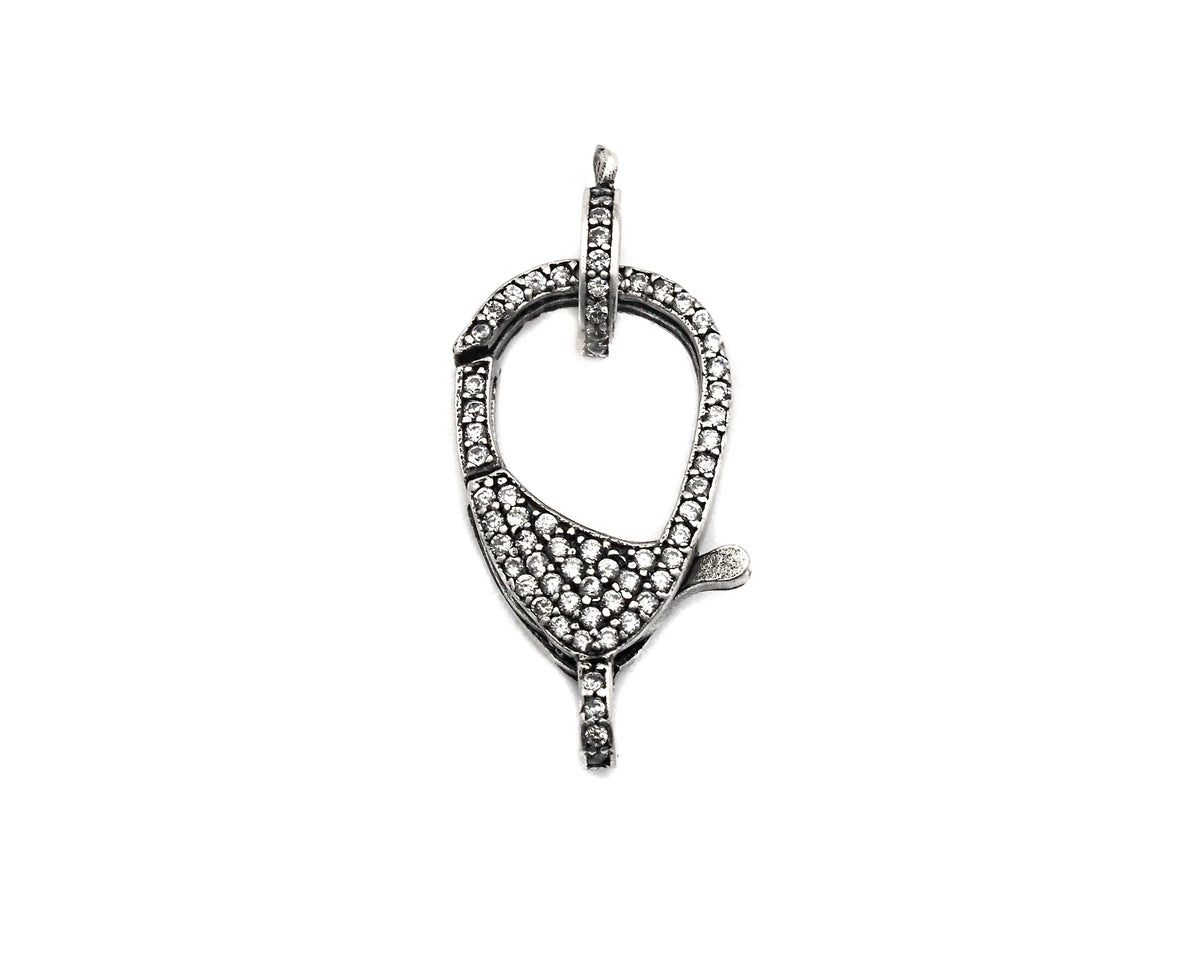 CZ Micro Pave Teardrop Lobster Claw Clasp, Antique Silver Plated Cubic Zirconia Clasp, 12x23mm,sku#H174